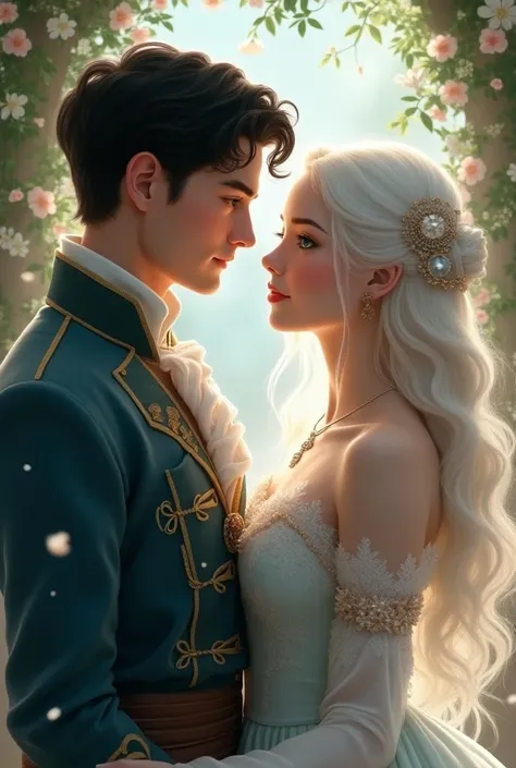 a prince and a princess the prince has short black hair in European style the princess has long white hair and sea blue eyes the prince is still young