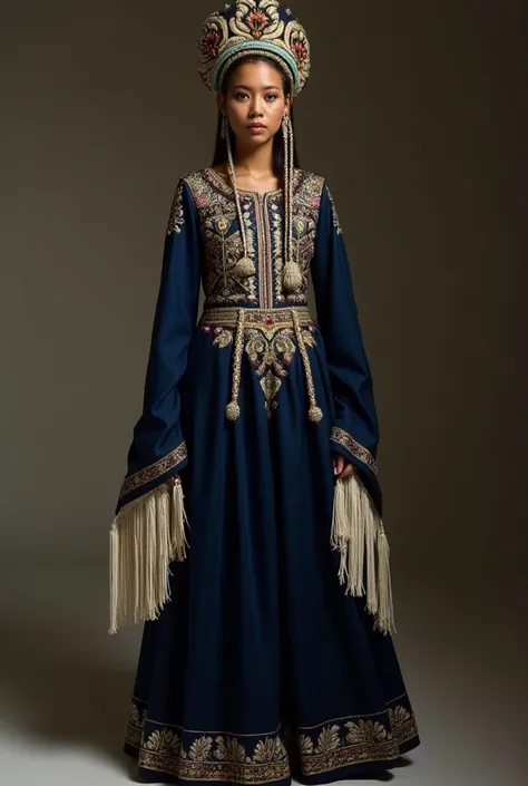 effect, I see the picture .  The clothes have an indigenous style with traditional details :  a dark blue dress decorated with light fringes and embroidered details in gold and white.  The design also includes a headpiece decorated with colorful patterns .