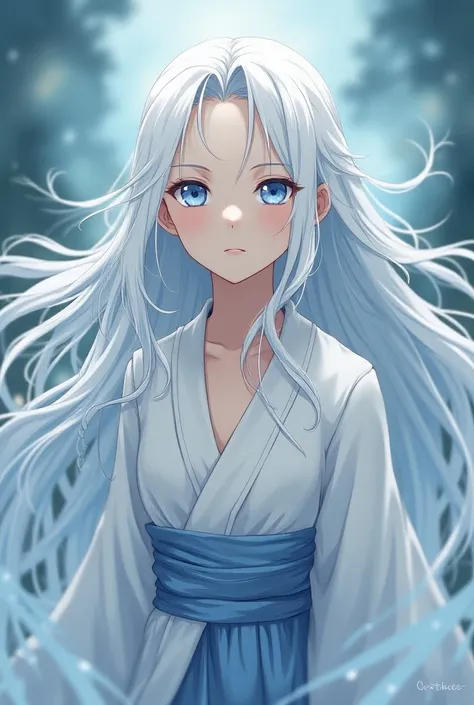 monk anime manga style female long hair white hair blue eyes