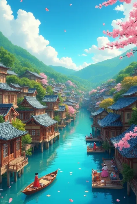 Water village in the style of Ghibli studio.