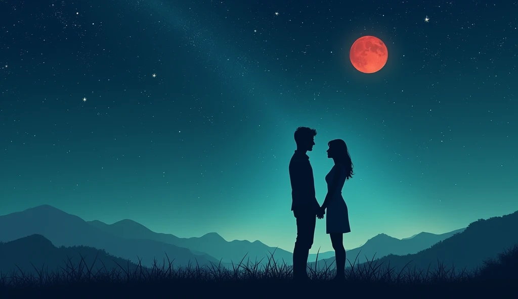  View of a couple holding hands,  in the background a beautiful night sky , with a reddish moon ,  the entire image with a turquoise hue  