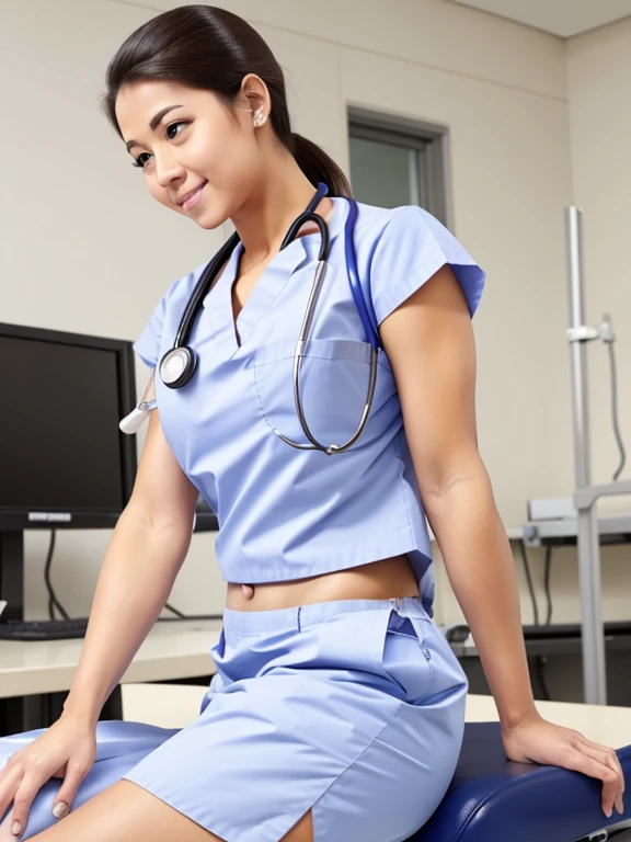 female muscular nurse , cute expression, adjusting device at work hospital
