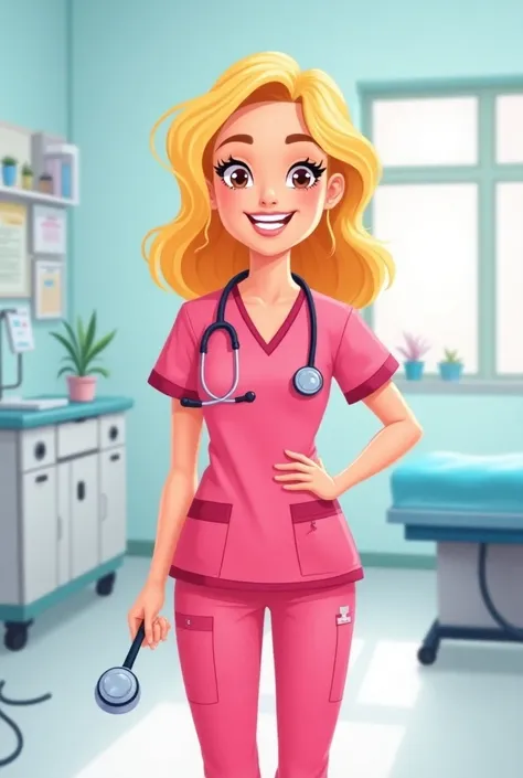 I want in cartoon format a blonde emergency doctor using a pink scrub with a stethoscope in her hand
