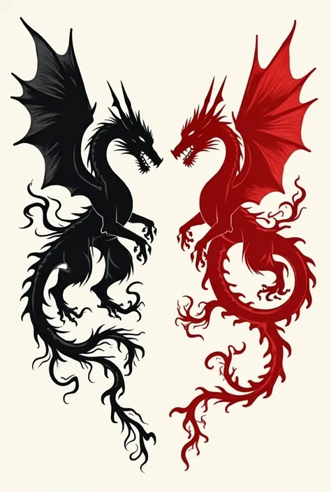 Create a separate dragon tattoo with the silhouette of one black and the other red to tattoo 2 people on the arms 