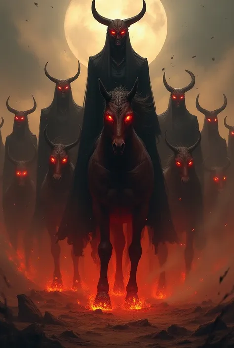 There was a bad god. He had red eyes. He also had black eyes.   On one side of him was a horse. The body of that horse was made of lava. The horses eyes were also red.   There were many bad gods behind them. The environment they are in is a place of war.th...