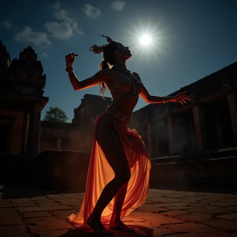  Thai dance Banglabam。Beautiful, sexy and seductive woman dancing violently at the ruins on a moonlit night like Angkor Wat 。