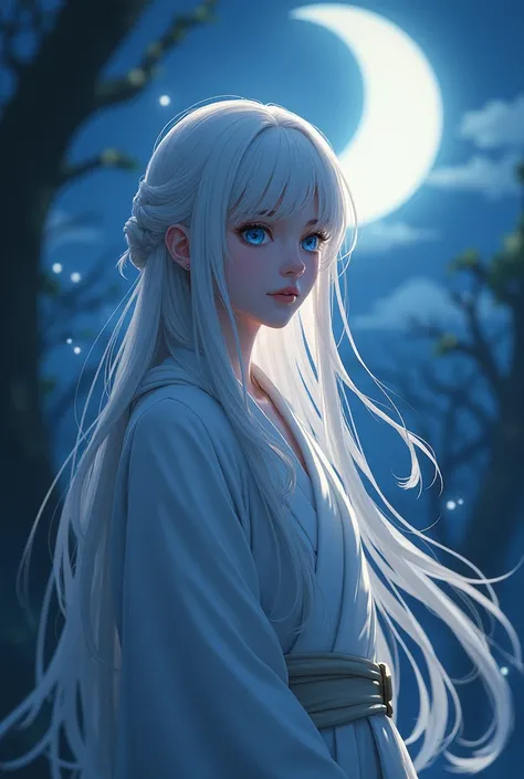 monk anime style female long hair white hair blue eyes in dim light moon