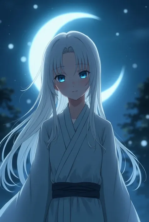 monk anime style female long hair white hair blue eyes in dim light moon