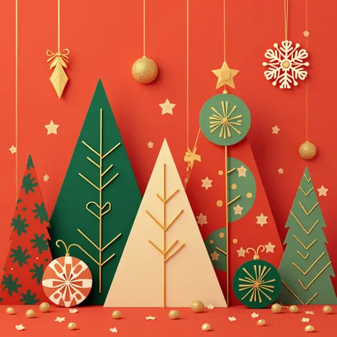 Christmas inspired patterns with bold geometric shapes in red, green and gold on a light red background. The geometric shapes should be simple but vibrant, forming a festive pattern throughout the illustration. Clean and minimalist texture, with the patter...