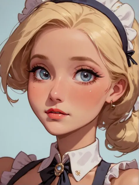 Beautiful girl, extremely beauty, golden blonde hair, revealing outfit, maid outfit, detailed, high quality, detailed face, detailed eyes, detailed lips, sad expression, blushing, sad eyes, sharp image