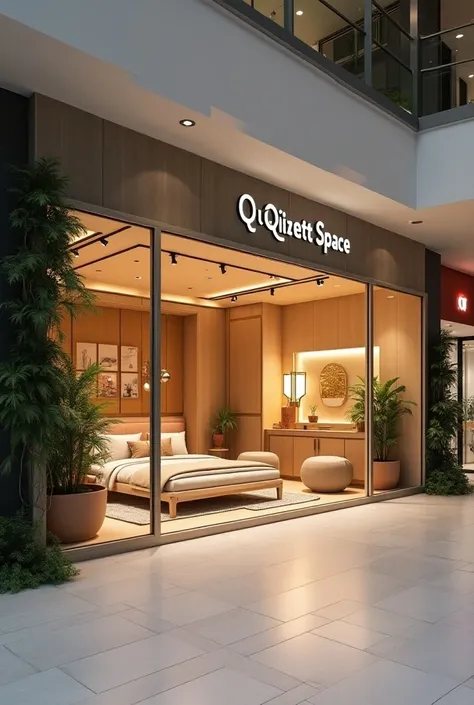 Make a façade like a physical store with the name Quiett Space act as if it were a bedroom and rest accessories store inside the mall 
