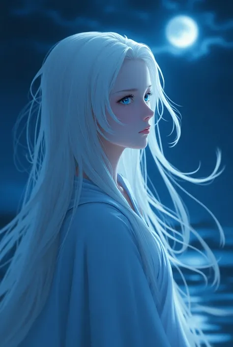 monk anime style female long hair white hair blue eyes in dim light moon