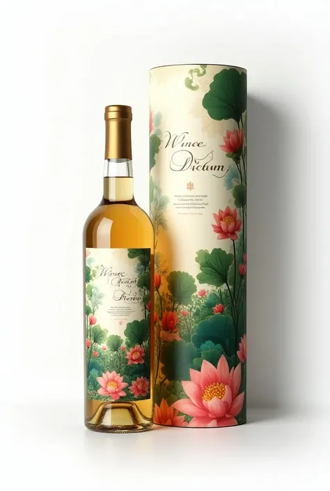 Uma bottle of wine,  with the label inspired by the work  "The Dream " by Henri Rousseau ,  white background, personalized box with elements of the painting , a transparent bottle ,  elegant and sophisticated hyper realistic, bottle of wine, quadro "THE PA...