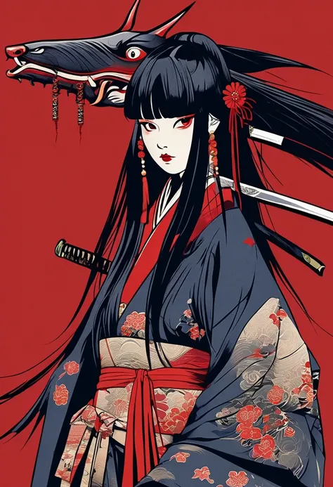  Ukiyo-e style girl ,  vampire Ukiyo-e woman with long black bangs and red eyes holding a dagger ,   Young girl Portrait of a Ukiyo-e ,  digital illustration style , Ukiyo-e style 