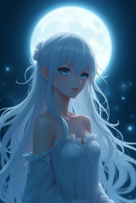 monk anime manga style female long hair white hair blue eyes in dim light moon