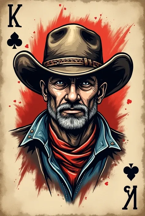 Tattoo of an American playing card with a rugged cowboy face and hat. inserted symbol of the king clubs. (Maverick Team) inserted centre bottom