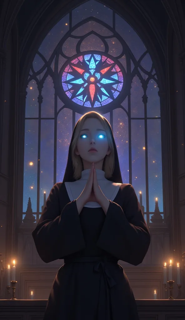 illustration,  best quality ,  1 girl, original female character,  blonde nun with bright blue glowing eyes ,  behind her, she h...