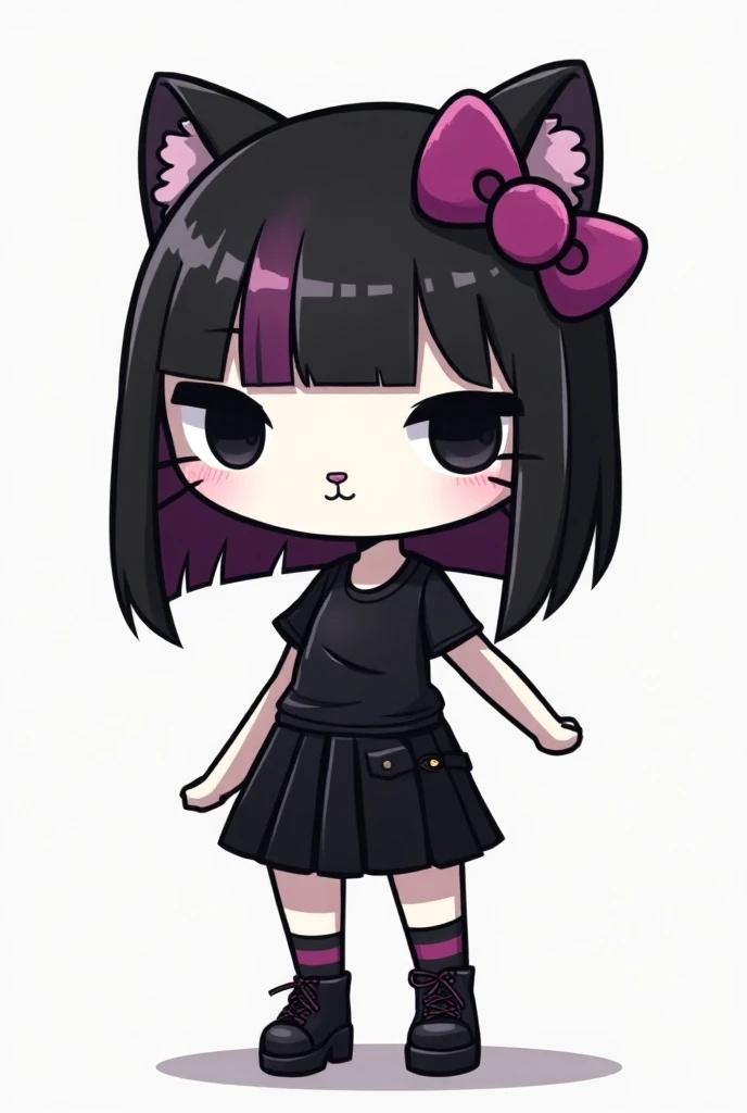 Hello Kitty with black and purple hair
Straight hair
With nose piercing 
Black skirt and shirt
