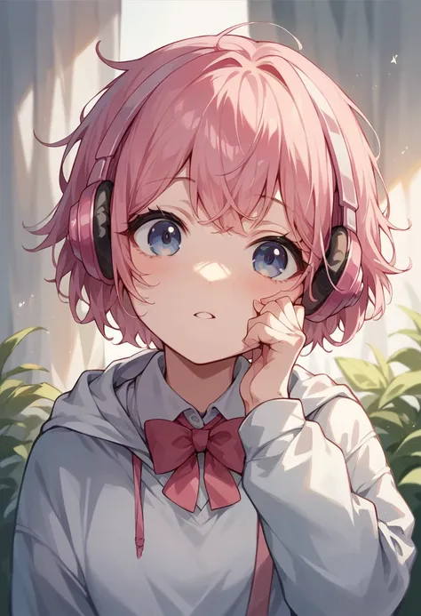 ren.Pink hair in cute headphones, white, in school dress, short bangs, big boobs