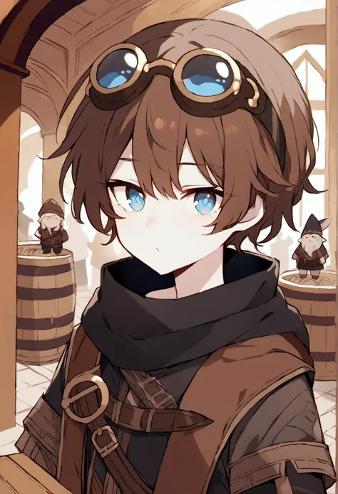 Adventurous semi-gnome with pale skin brown hair blue eyes,  dark adventurers clothing and bronze-colored googles on his head 