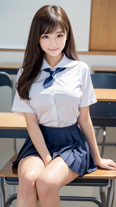 elegant beautiful 18 year old japanese woman, youthful and cute, 6.5 head, (cowboy shooting), (focus from head to thighs, knee up), afternoon break, (school classroom background), (female high school sailor uniform), (shirt), (blazer), (red ribbon tie), ((...