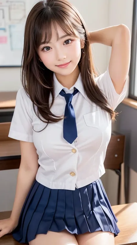 elegant beautiful 18 year old japanese woman, youthful and cute, 6.5 head, (cowboy shooting), (focus from head to thighs, knee up), afternoon break, (school classroom background), (female high school sailor uniform), (shirt), (blazer), (red ribbon tie), ((...