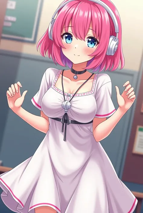 ren.Pink hair in cute headphones, white, in school dress, short bangs, big boobs