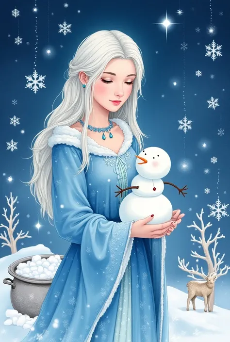 young woman,  closed eyes , snowflakes,  holds a snowman in his hands,  witchs ice hat ,  reindeer next to ,  witch cauldron with ice and snow ,  jewelry , Ice, lots of snowflakes ,  long hair , compose,  white hair,Painting (medium),  blue robe with snowf...