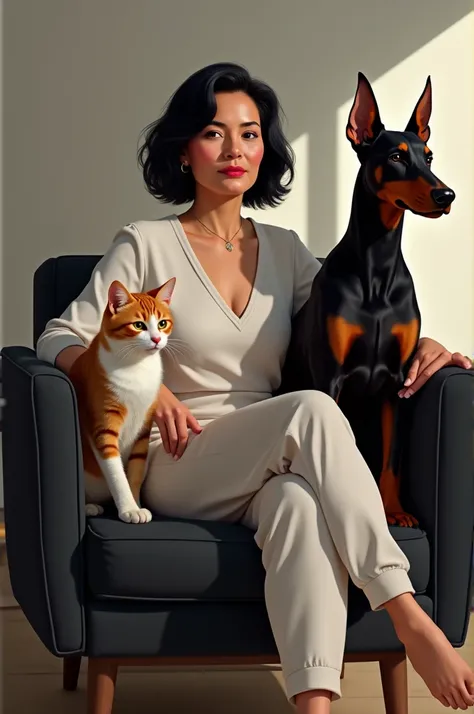 A 50-year-old woman with semi-short black hair sitting on a black armchair , Modern.  Next to her a Doberman dog and on the other side an orange and white cat with a bad face. 