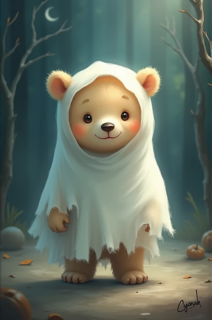 Create me a little bear disguised as a ghost 
