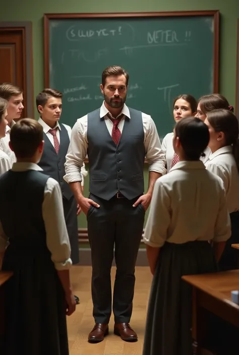 Students and a teacher in the past with a strong and handsome man from the future teaching them new things
