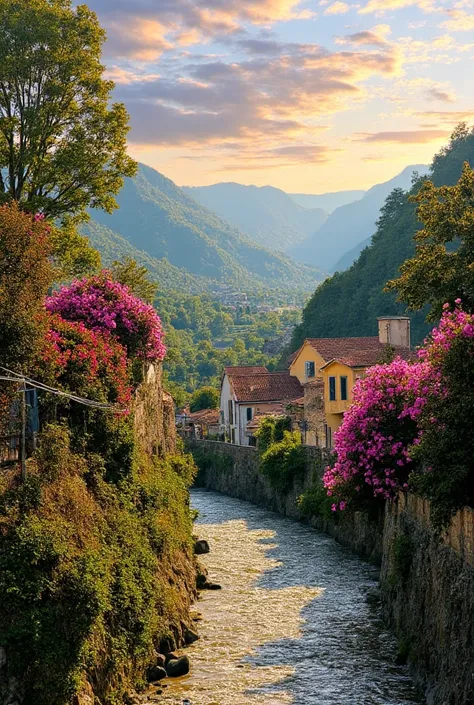 Un pequeño pueblo junto al río,  mountains in the background,  colorful floral flowers ,  detailed landscape,  beautiful natural landscapes,  atmospheric lighting , scorching sunset,  warm colors , practical, Photographic, detailed foliage, complex buildin...