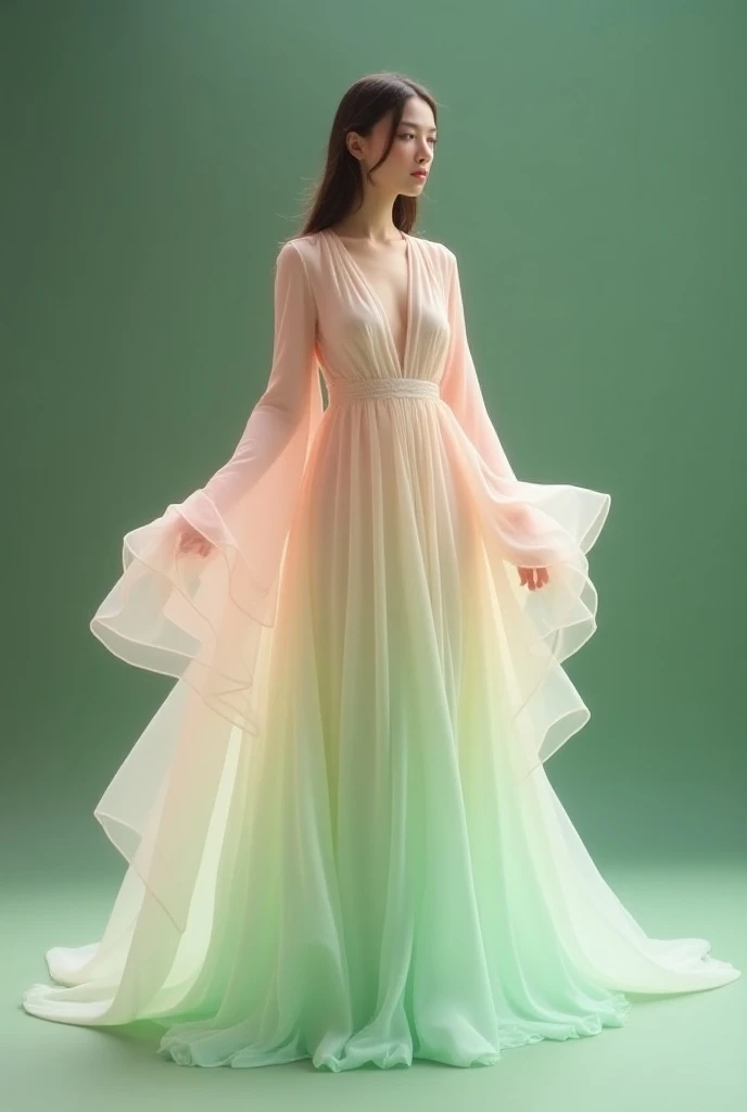 Only a long dress that fits the full body with long sleeves and the sleeve is wide at the end the color of the dress is an ombré between pastel pink and pastel green and the fabric of the dress is smooth