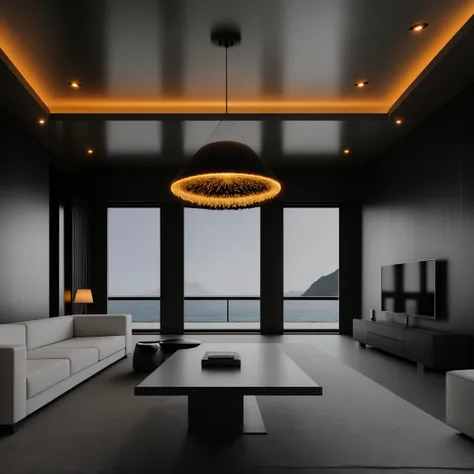 UHD, 4k, ultra detailed, cinematic, a photograph of a mansion in a white minimalist modern villa, no humans, luxury expensive villa 100000000 dollars, villa focus, ocean mountains, vantablack style, super black coating style, dark coating style, epic, beau...