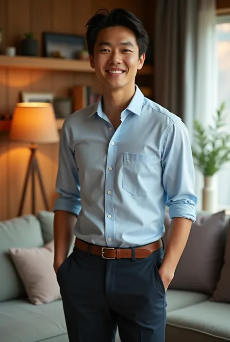 Asian young professional male，Wear professional casual attire，Living room at home，Confident smile，Shouji Masakata， big figure，Facing the camera