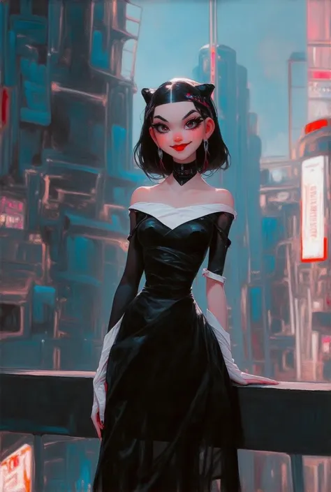 Beautiful Cyber girl standing in a futuristic city, wearing black dress with white top,wide low angle shot, dark eyebrows and eyelashes, red lipstick, cunning smile, detailed, beautiful