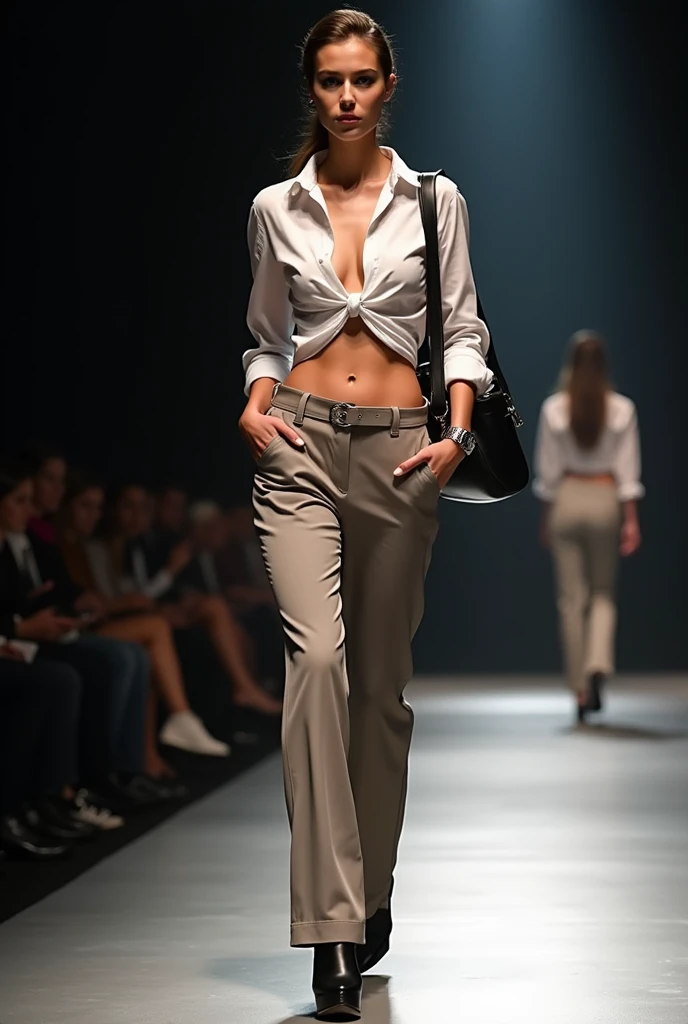 A sexy model waking on ramp, unbuttoned shirt and trousers, no bra, office bag on shoulder l, fashion show, masterpiece, award winning photography