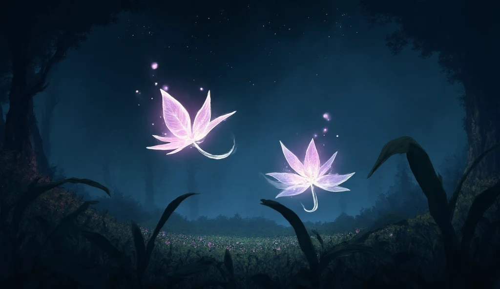 Dark, mystical forest sky with scattered stars, illuminated by an ethereal glow, as two delicate, glowing flower leaves, with soft, feathery petals and slender stems, tenderly dance in mid-air, carried by the gentle whispers of the wind, their luminescent ...