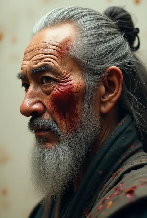 Detail of the face in side view, Of an old samurai with blood spatters from a battle,  realistic image 
