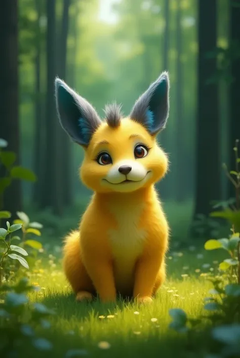 Make a furry in a field full of trees and the furry has to have blue and black ears and a yellow body and white muzzleMake a furry in a field full of trees and the furry has to have blue and black ears and a yellow body and white muzzle 