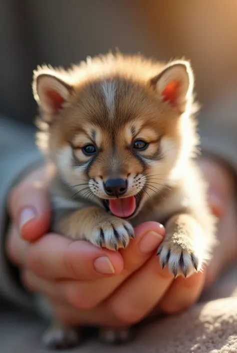 A close up of a tiny wolf with soft fur being gently held by a human finger. The puppy is yawning or opening its mouth playfully. He is very small, with soft and fluffy fur, and small claws resting on the finger.  the background is blurry ,  focusing all a...