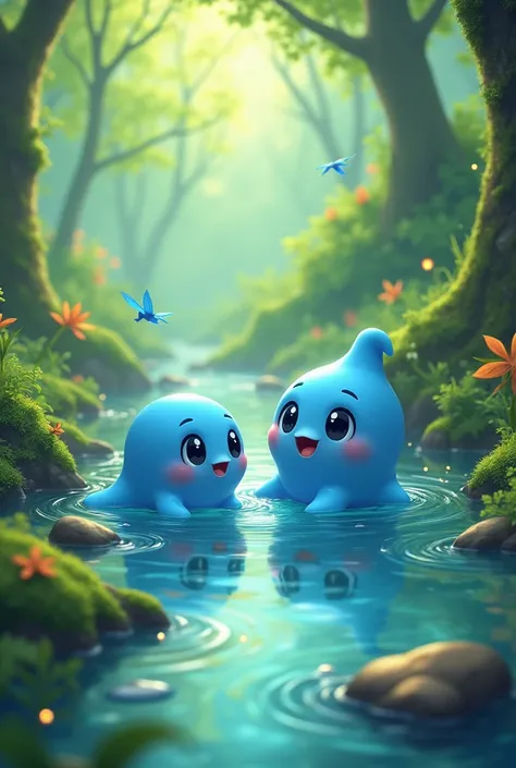 A cute girl-like blue slime plays in the water with the blue round slime at a small spring in the brightly green forest　 fantasy style characters depicting flight scenes　 on the side from head to toe