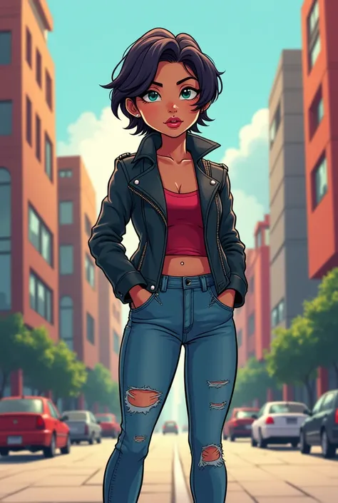  A 30-year-old woman,  with short black hair ,  wearing a leather jacket and ripped jeans ,  in cartoon style .  She is standing on a busy street with a confident posture,  looking at the horizon with a determined smile . The setting is modern ,  with tall...