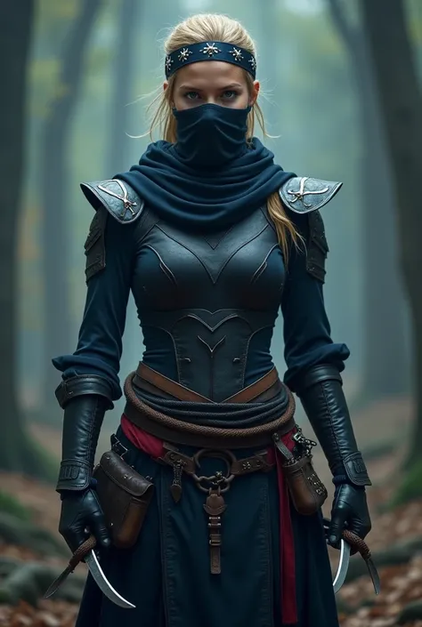 

 An agile and mysterious warrior ,  dressed in medieval ninja clothing ,  appears in a mystical forest .  This character wears a tight dark suit that combines shades of deep blue , negro,  and details in red and silver .  The clothing is reinforced with ...