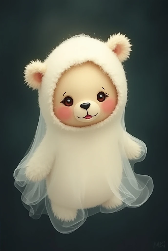  Create me an image of a teddy bear disguised as a ghost!, Let only see her eyes and eyebrows and her little trumpet, very adorable and ready for Halloween!