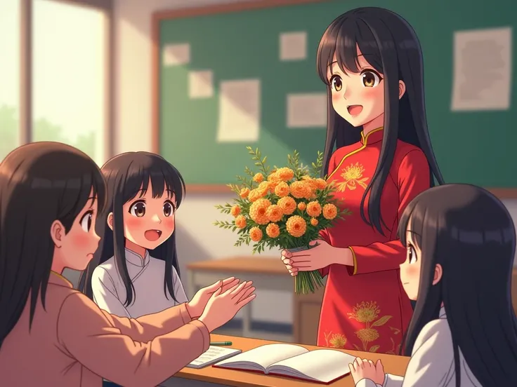 Please create for me an image of students giving flowers to congratulate their teacher on Vietnamese Teachers Day November 20, in a classroom, the teacher is wearing the traditional Vietnamese ao dai. The teacher has long hair, anime style