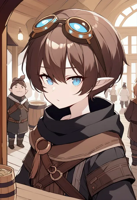 Adventurous semi-gnome boy with pale skin, brown hair, blue eyes,  pointy ears ,  dark adventurers clothing and bronze-colored googles on his head 