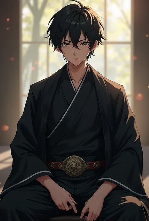 best quality, masterpiece, intricate detail, bokeh, ShinobuDB, demon slayer uniform, haori, japanese clothes, jacket, long sleeves, belt, black jacket, uniform, pants, belt buckle, buckle,  portrait, expressionless, sit, smile, pink bikini, 