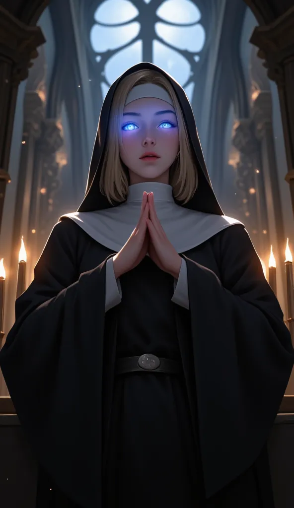 illustration,  best quality ,  1 girl, original female character, blonde nun with bright blue glowing eyes , behind her is an ep...