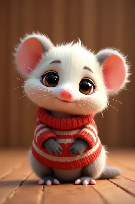 A 3D rendering of a cute, round baby opossum with big eyes and fluffy fur. The baby opossum is wearing a red and white striped sweater and is sitting on a wooden background. The overall image has a warm color palette.